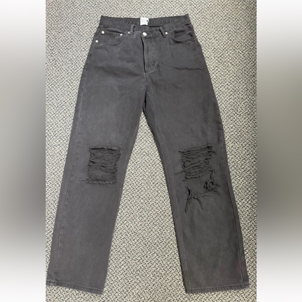 Princess Polly Asymmetrical Black Distressed Straight-Leg Jeans 100% Cotton 10
